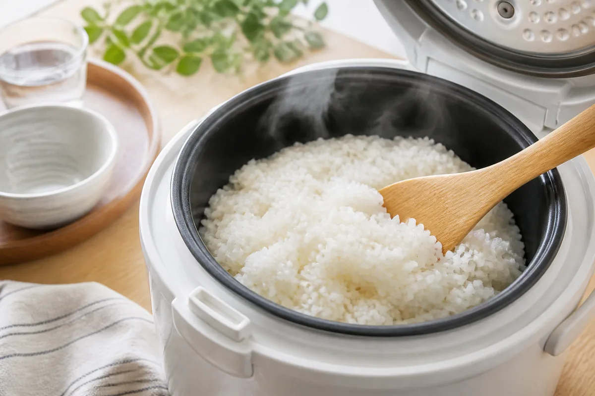 炊飯器で炊き上がった米を木製しゃもじで確認している様子