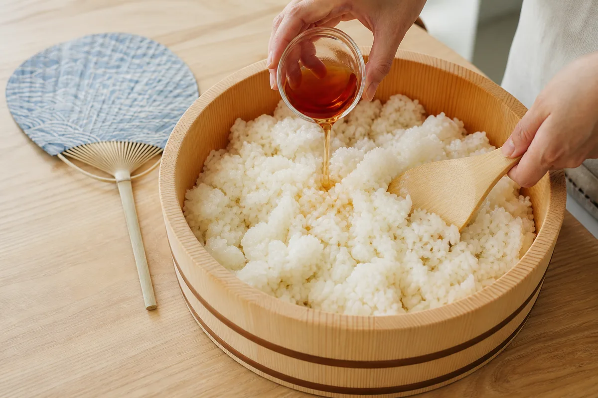 木の寿司桶に入れたご飯へ赤酢を回しかけている様子