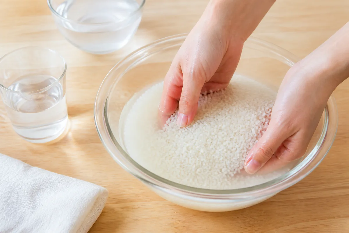 ガラスボウルで米を優しく洗い、吸水させている様子